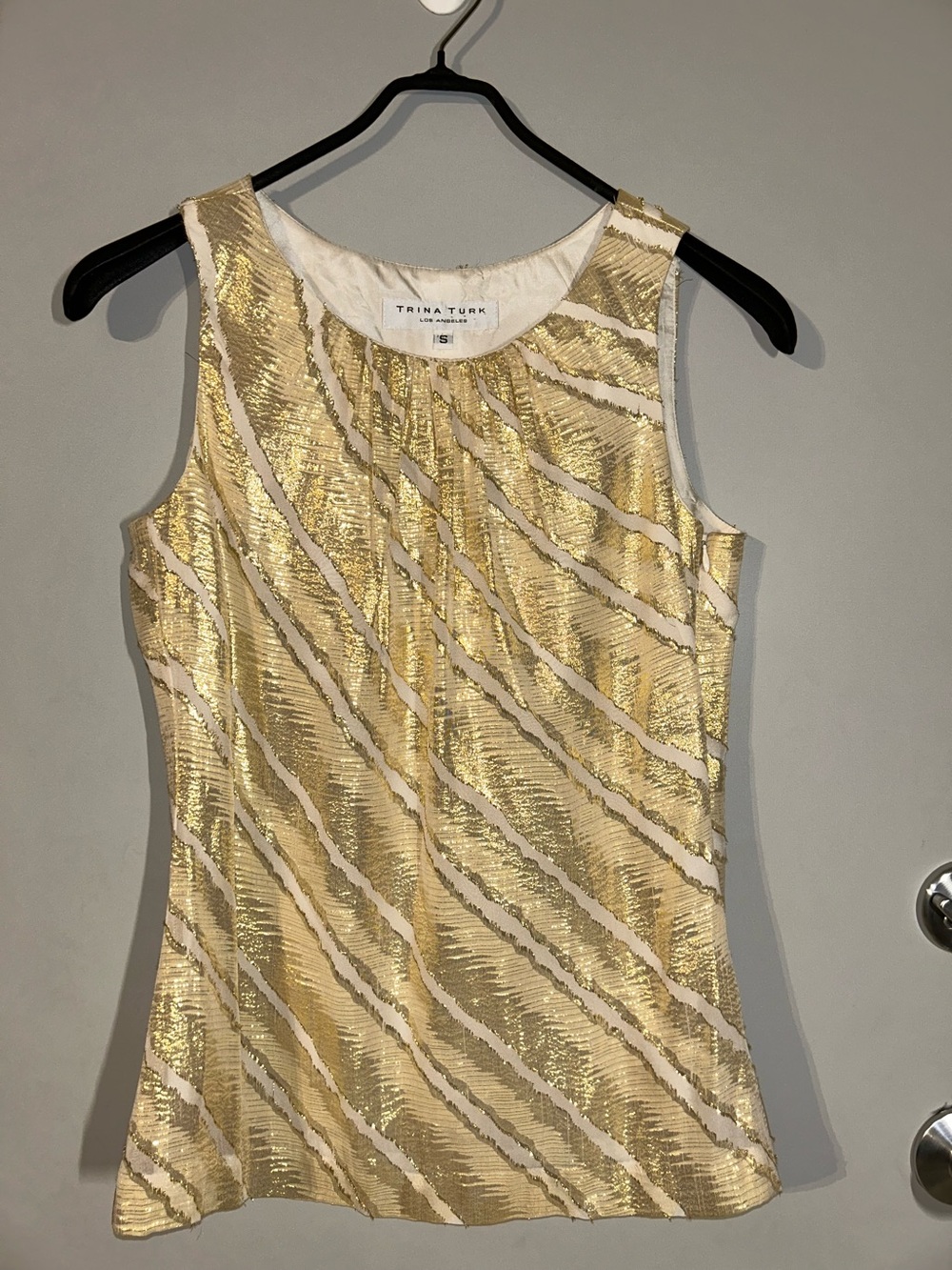 Trina Turk Silk Metallic Gold Lamé and Cream Sleeveless Stripe Shell